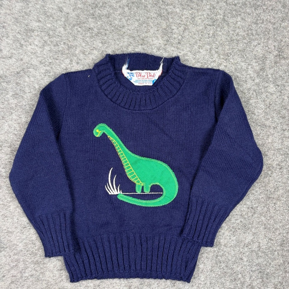 Blue Bird Dinosaur Sweater Kids Navy Blue Vintage 70s 80s Brontosaurus Knit - Picture 3 of 10
